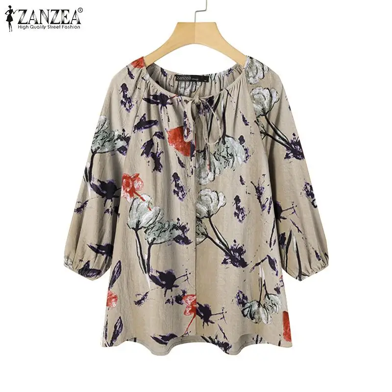 

Oversize Female Casual O Neck Chemise 2022 Summer Autumn Baggy Tops ZANZEA Fashion 3/4 Sleeve Shirt Women Vintage Printed Blouse