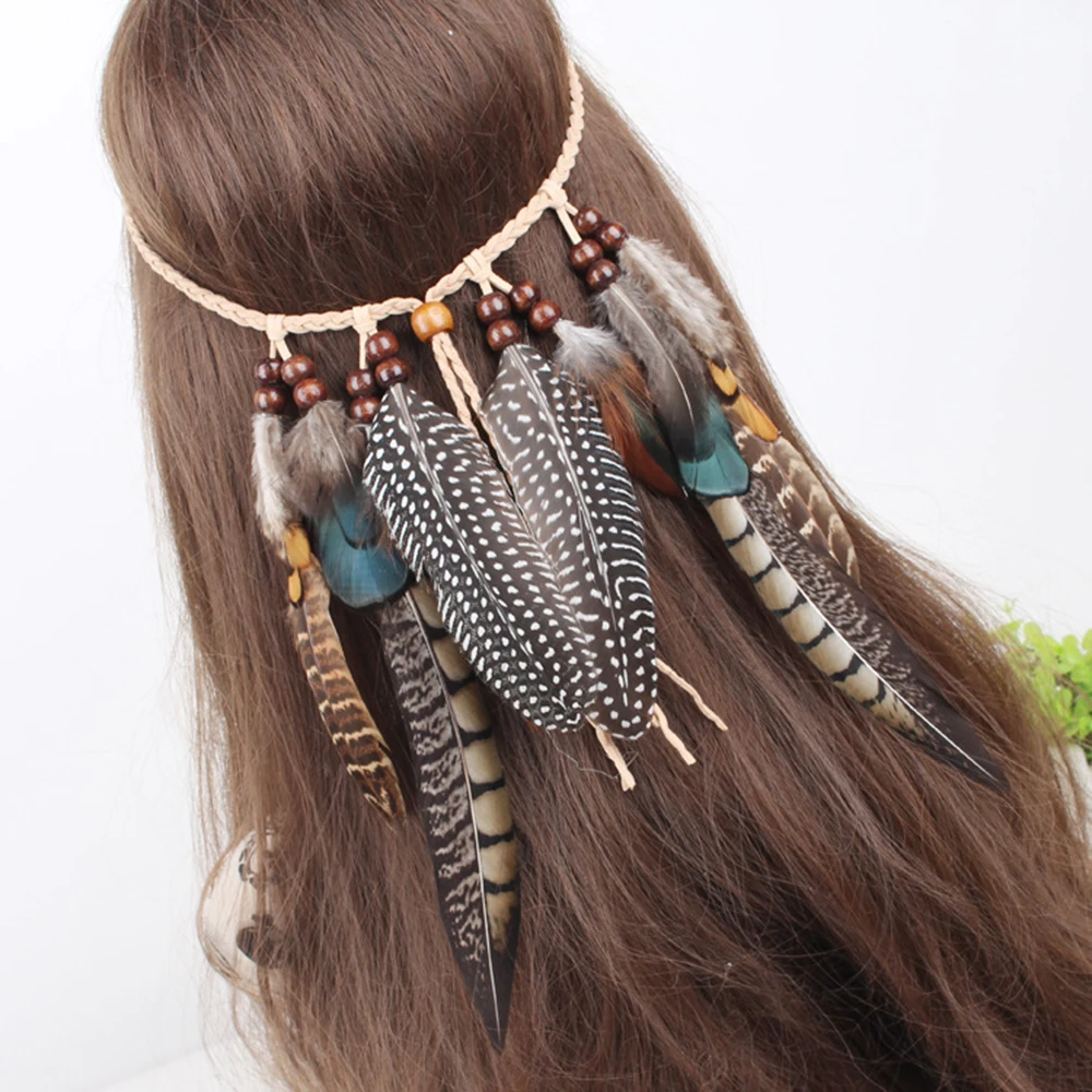 

1 Pcs Indian Feather Headband Handmade Weave Feathers Hair Rope Headpiece Hiairband Hair Accessories