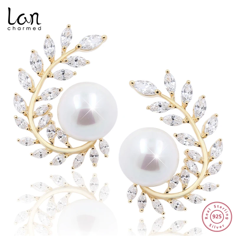 Lancharmed жемчужные серьги гвоздики с узором в виде оливковых листьев 14 к желтое