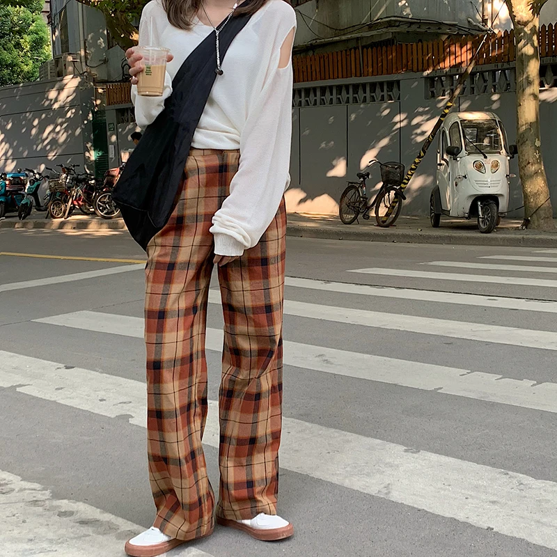

ZHISILAO Vintage Lattice Pants Women Plaid High Waist Straight Wide Leg Pants Plus Size Autumn 2020 Casual Harajuku Trousers