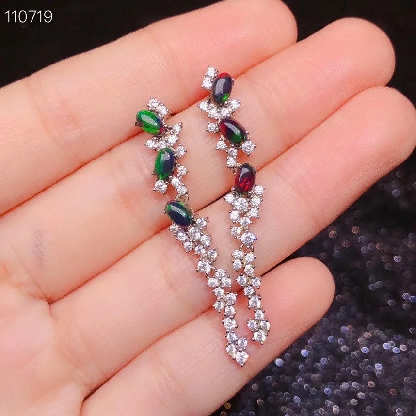 Черный Опал длинные серьги натуральные Эфиопский 925 стерлингового серебра