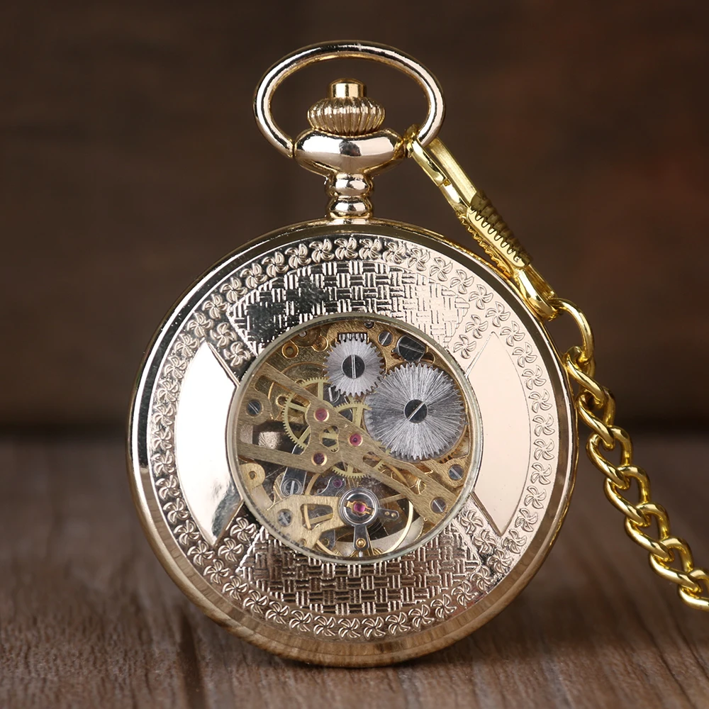 Luxury Gold Disc Hollow Out Steampunk Mechanical Pocket Watch Fashion Gentleman Necklace Pendant Accessory Gift Clock