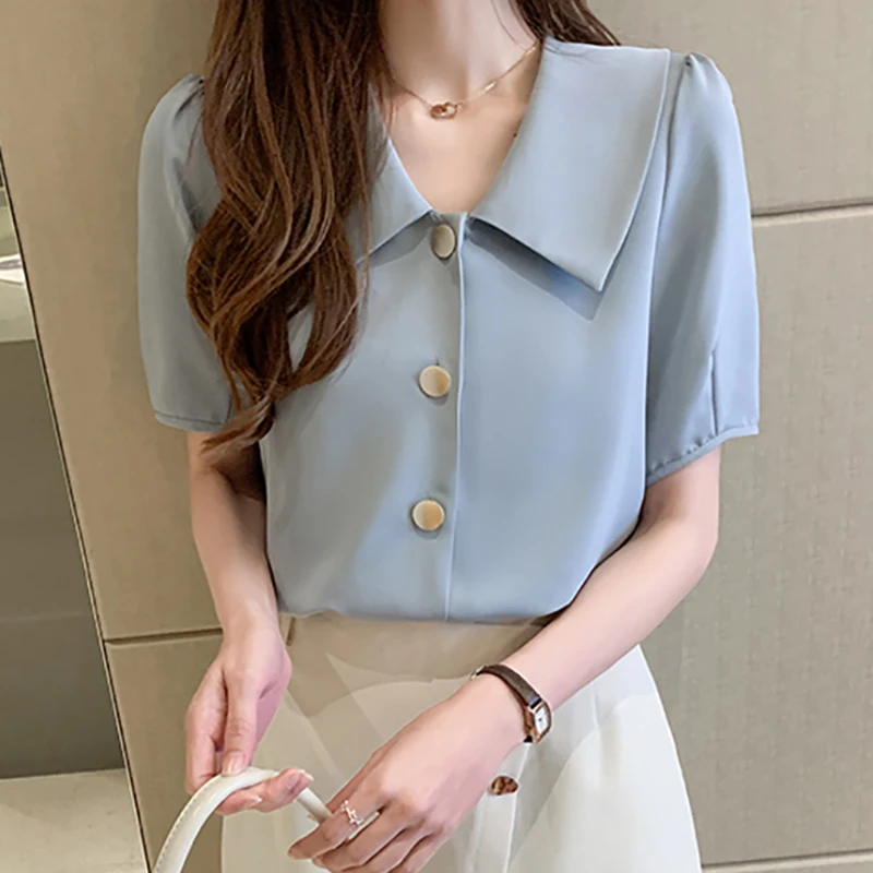 

LJSXLS 2021The New Summer Solid Chiffon Turn-down Collar Short Sleeve Blouses Women Button Loose White Blue Versatile Ladies Top