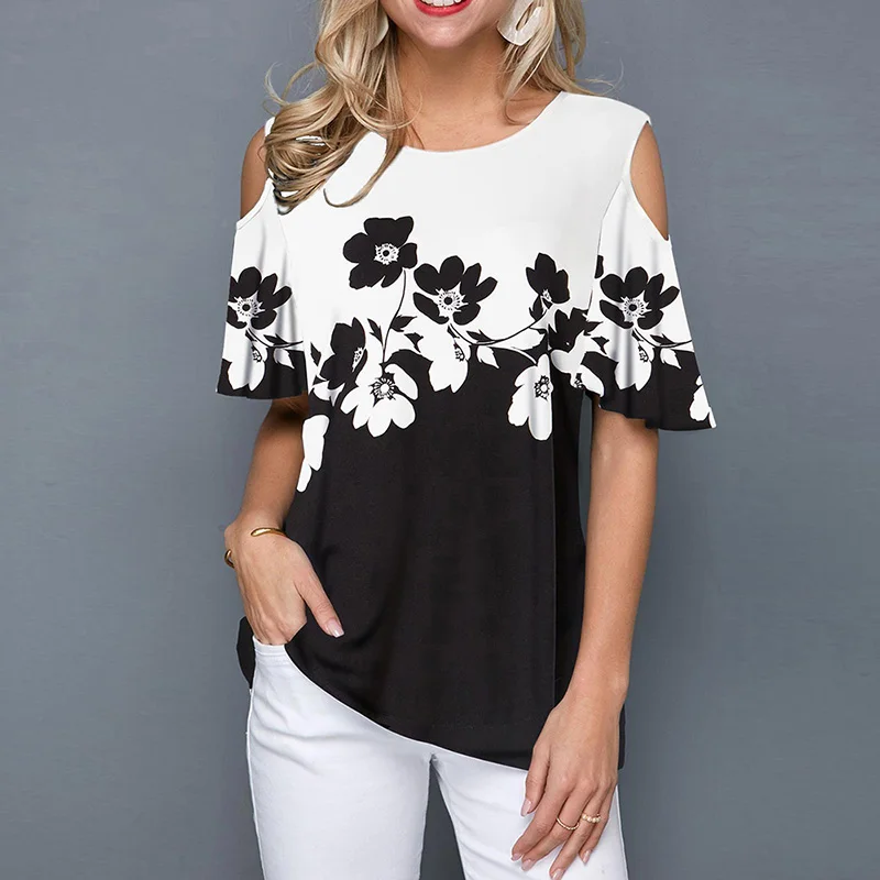 Pattern 9 Женская летняя футболка, 20 стилей, круглый вырез, короткий рукав, цветочный рисунок, в полоску, модная женская футболка - Цвет: Pattern 9