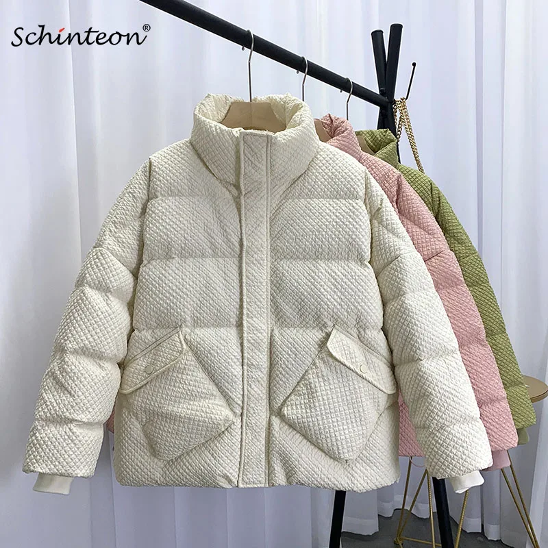 

Schinteon Women White Duck Down Short Jacket Casual Loose Over Size Warm Winter Thick Outwear Wrinkle Fabric Coat New