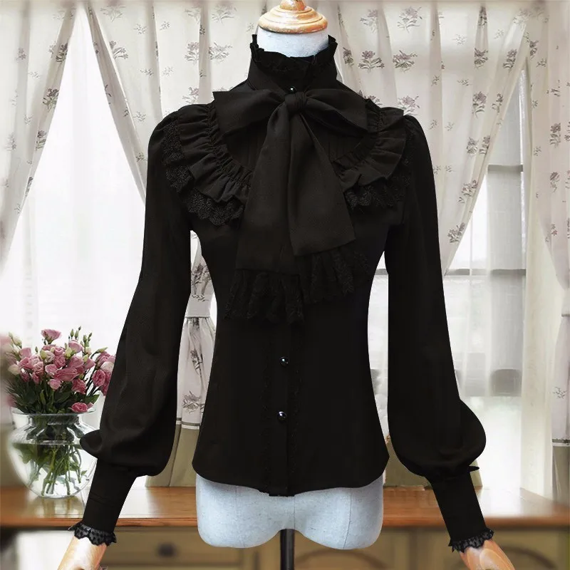 

Vintage Women's Lolita Shirt Gothic Chiffon Ruffle Blouse Long Sleeve Blusas Black/White/Navy Blue/Burgundy
