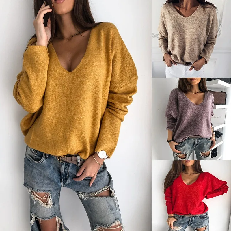 

Women Autumn Winter Sweater Warm Solid Color Long Sleeved V Collar Loose Pullover Knitted Bottom Sweater