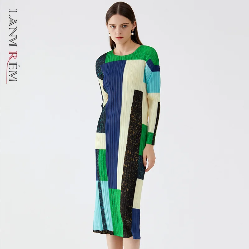 

LANMREM 2022 весеннее Новое Плиссированное Платье с принтом, женское платье с длинным рукавом контрастного цвета, облегающее платье со складками...