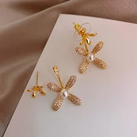 yaologe four leaf flower earrings rhinestones lovely pearl flower heart golden stud earrings for women 2020 party jewelry