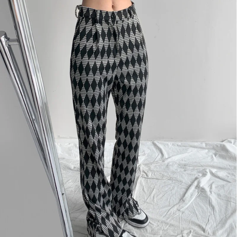 

TVVOVVIN Stylish High Street Diamond Lattice Straight Trouser Korean Vintage Houndstooth Loose Split Pants Women Mf5l