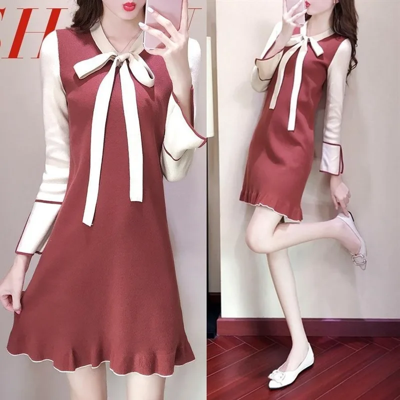 

Simple Women Elegant Office Lady Dress 2020 Autumn Winter Warm Fashion Long Sleeve High Waist Knitted Pollovers Dresses E22