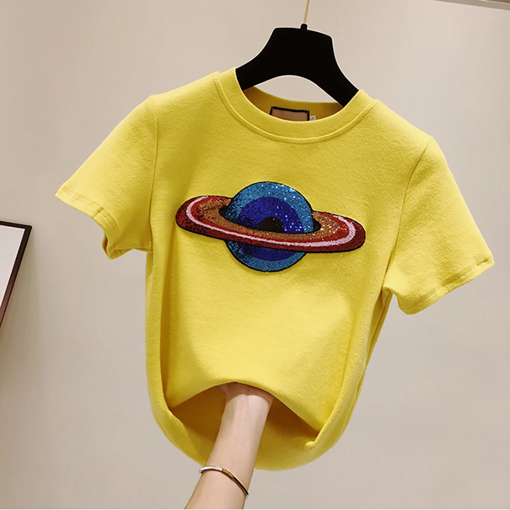 

Patchwork Sequins Cartoon Planet Short Sleeve T Shirt Woman Fashion S-XL White Black Tops Summer Clothes For Women