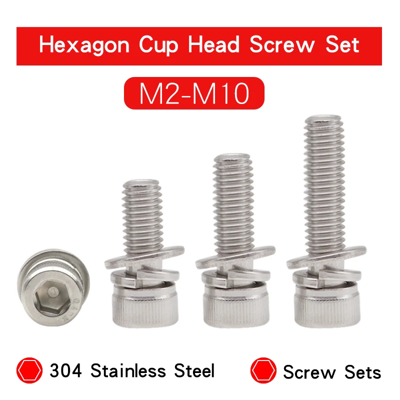 

Hexagon Hex Socket Cup Head Screw Set M2 M2.5 M3 M4 M5 M6 M8 M10 304 Stainless Steel screws With Spring Washer And Plain Washer