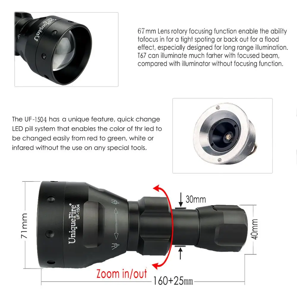 UniqueFire 1504 T67 XRE белый/зеленый/красный свет светодиодный фонарик масштабируемый 3