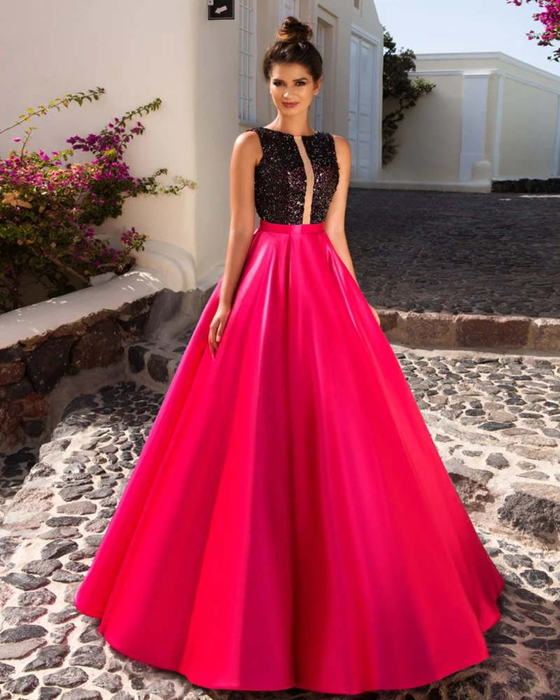 

New Abendkleid Red Satin Luxury Evening Dress Black Bodice Robe de Soiree Off Shoulder Abendkleider Simple Vestido Longo Festa