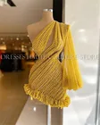Короткие платья для выпускного вечера, с бусинами, жемчужинами, желтого цвета