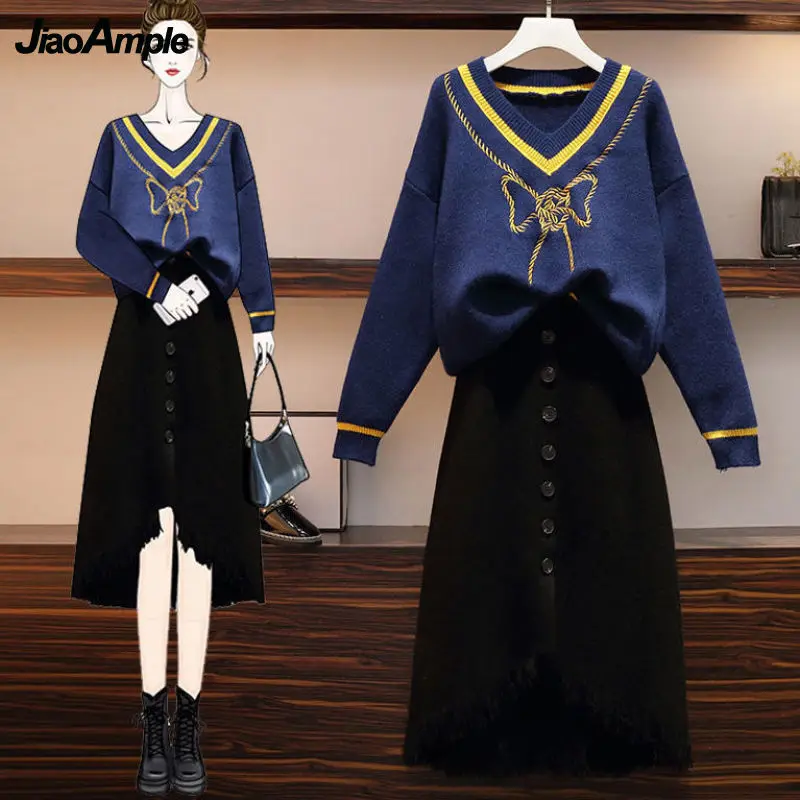 

Women's Knitted Sweater Top Irregular Fringed Skirt Suit 2021 New Autumn Winter Elegant Bowknot Coat Midi Skirts Two Piece Set