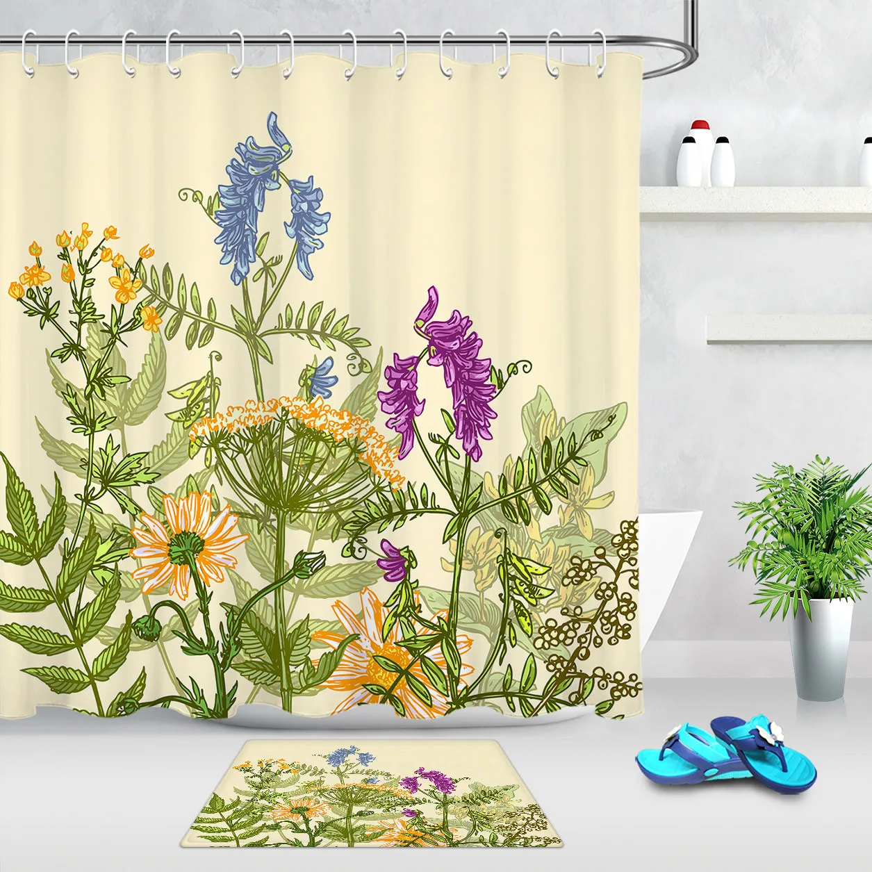 Рисованная цветы Бохо Цветочная полиэфирная ткань занавеска для душа s Набор