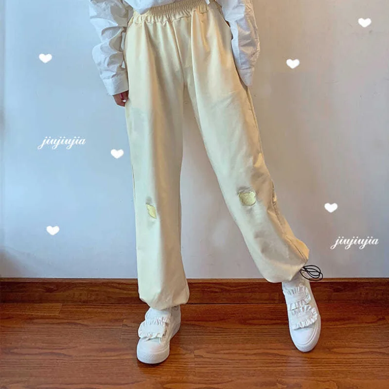 

MINGLIUSILI Kawaii Korean Style Wide Leg Pant 2021 Fashion Embroidery Trousers Loose Casual Cute High Waist Women Clothing