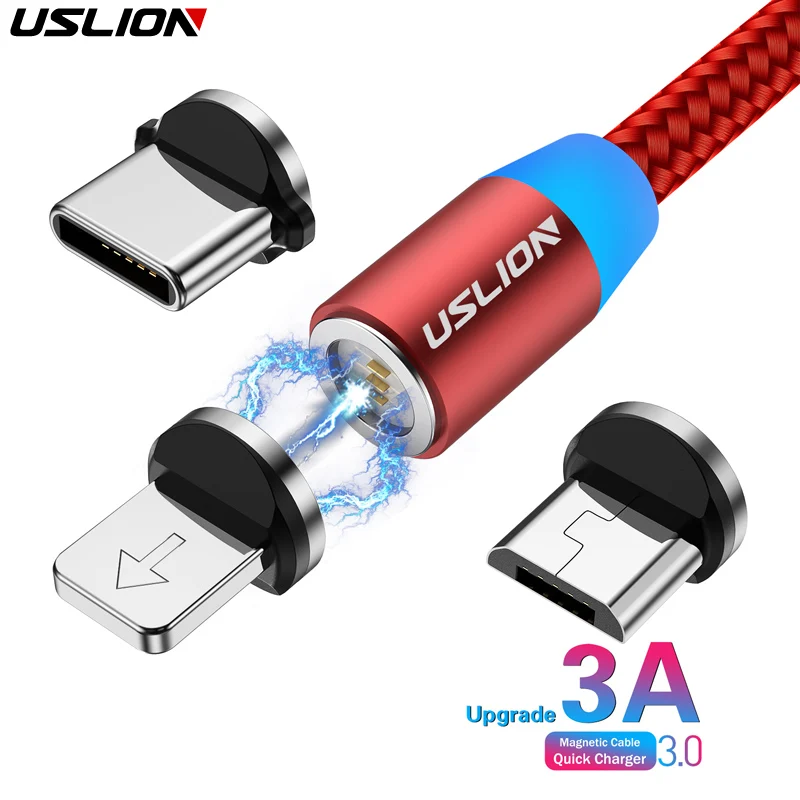 USLION, магнитное зарядное устройство, быстрая зарядка, магнит, USB, микро кабель, 3А, Тип C, кабель type-C, светодиодный, в нейлоновой оплетке, для Iphone 7, XS, XR, samsung