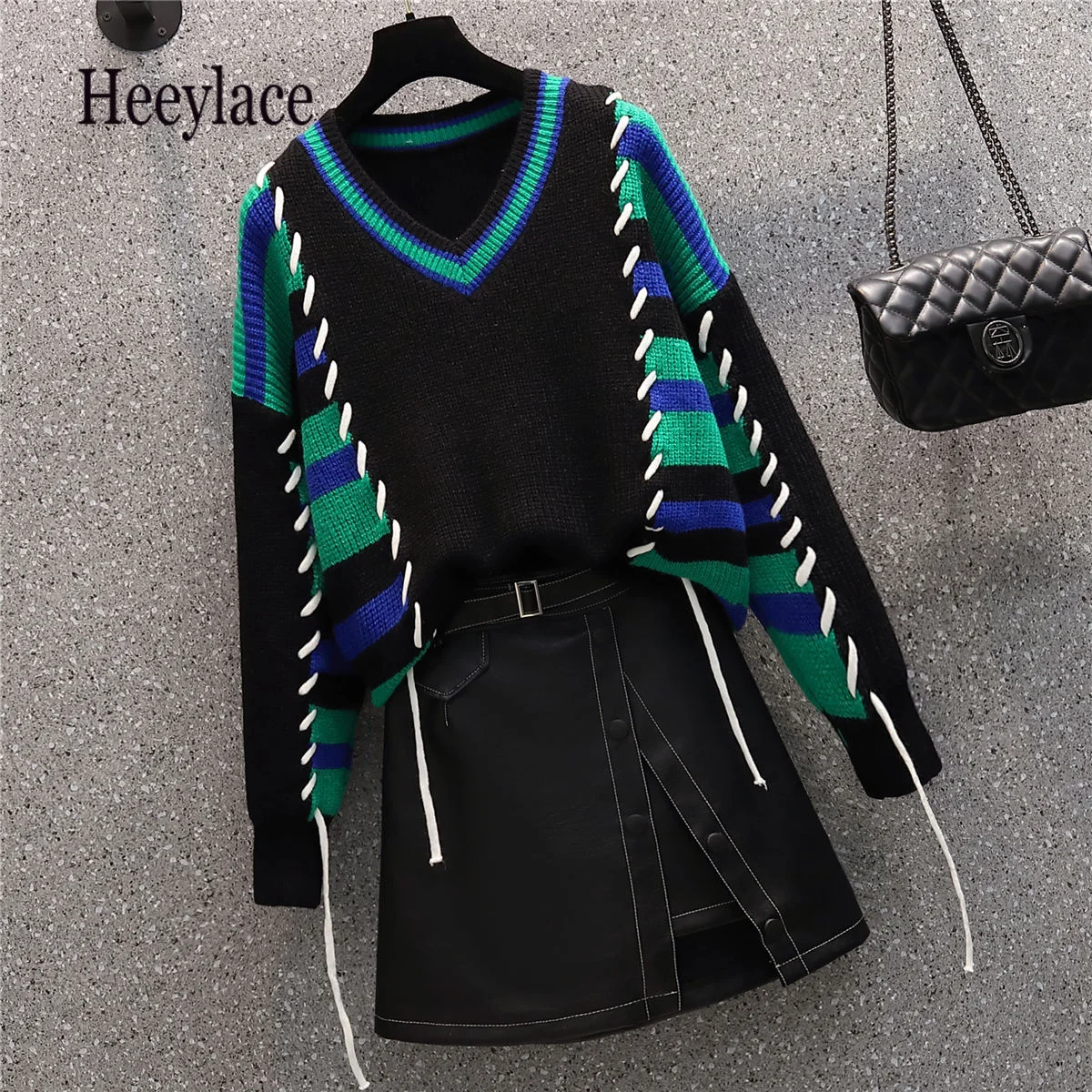 

Женский комплект из двух предметов, вязаный свитер с длинным рукавом и юбка в стиле пэчворк, Корейская уличная одежда на осень и зиму, 2022