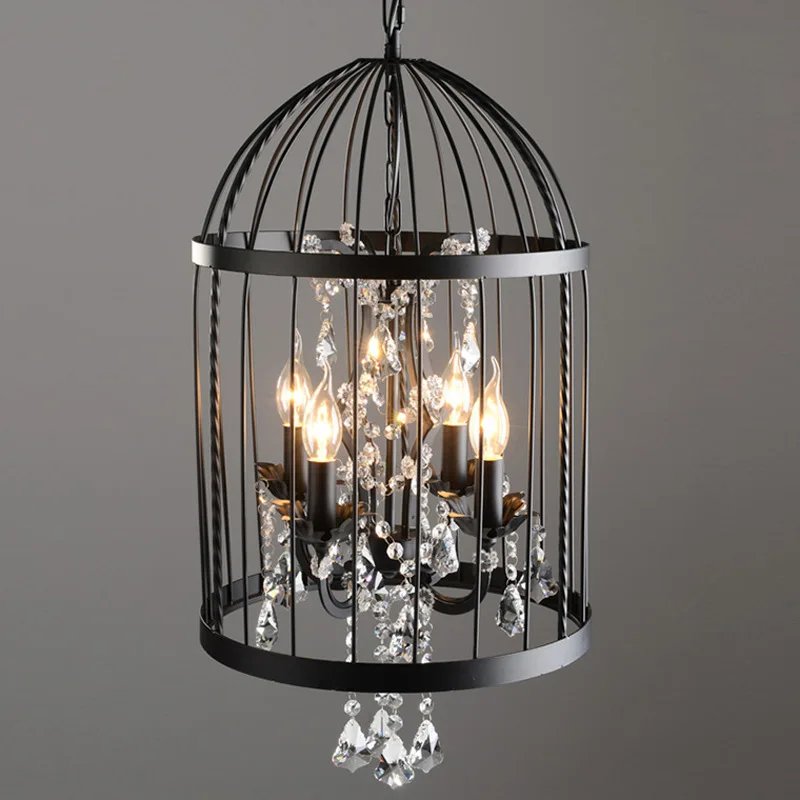 Goedkoop Crystal Vogelkooi Led Kroonluchter Smeedijzeren Amerikaanse Retro Restaurant Bar Creatieve Bar Kledingwinkel Industriële Wind Lampen