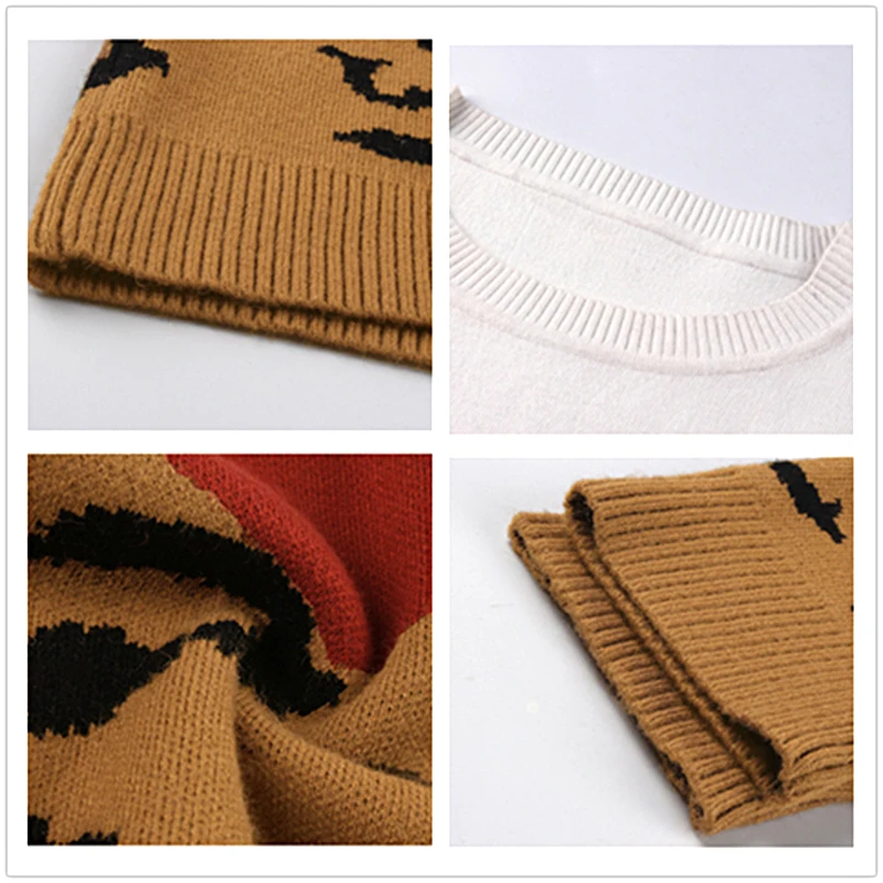 

Fashion Leopard Patchwork Autumn Winter 2020 Ladies Knitted Sweater Women O-neck Full Sleeve Jumper Pullovers Top Khaki Brown
