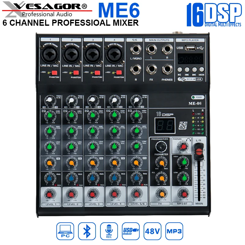 Professional Mixer ME6 6Channel Bluetooth DJ Mixing Console with Reverb Effect for Home Karaoke USB Live Stage | Электроника