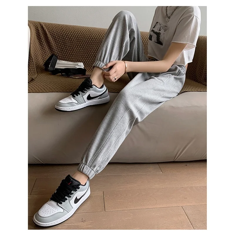 Осенне-зимние женские брюки до щиколотки шаровары в клетку с высокой талией