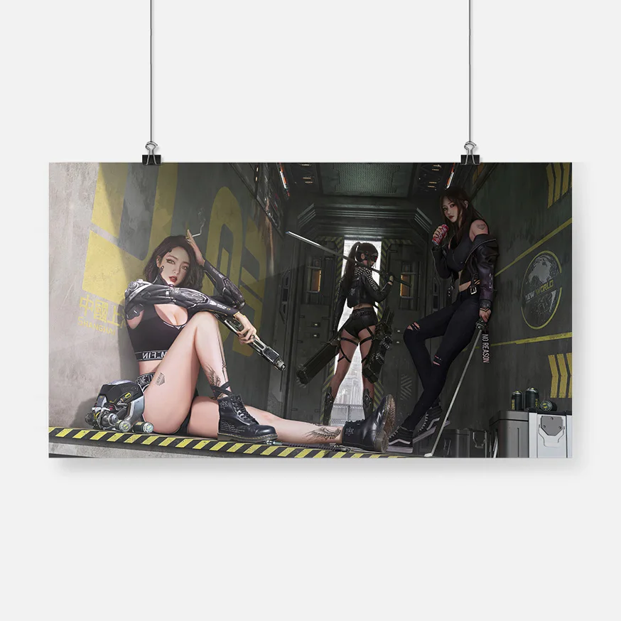 Красивая девушка футуристический постер с солдатами в деревянной раме рама