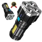 Суперъяркая яркая вспышка с 4 головками, сильный светодиодный светильник с USB, светильник дальнего действия, уличный портативный многофункциональный фонарик, тактический светильник