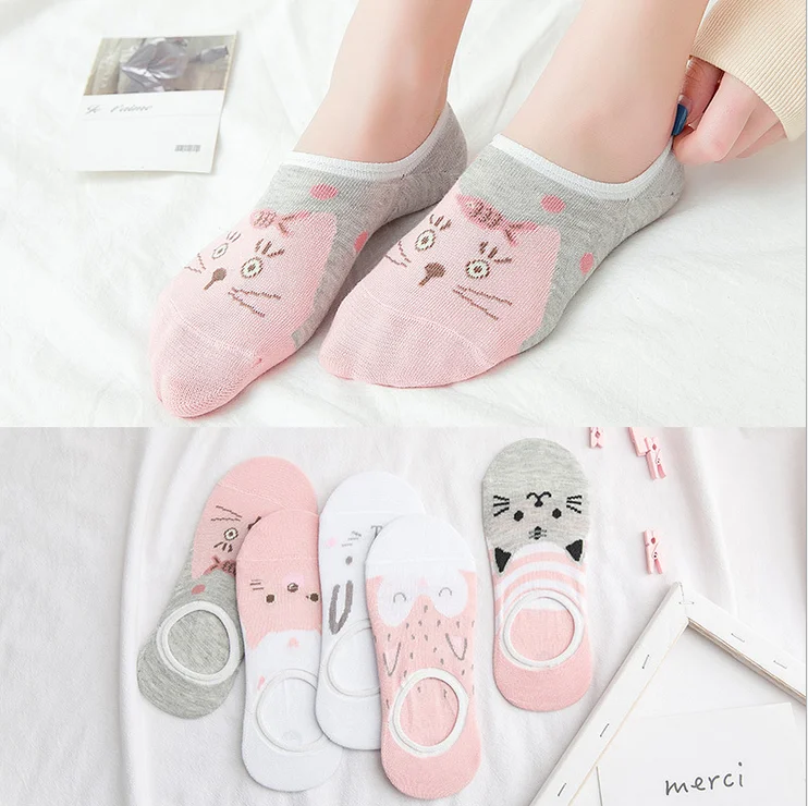 

DONG AI 5 Pairs Summer Cartoon Animal Socks Women's Sock Cute Cat Invisible Socks Cotton Happy Funny Pink Female Slipper Sox