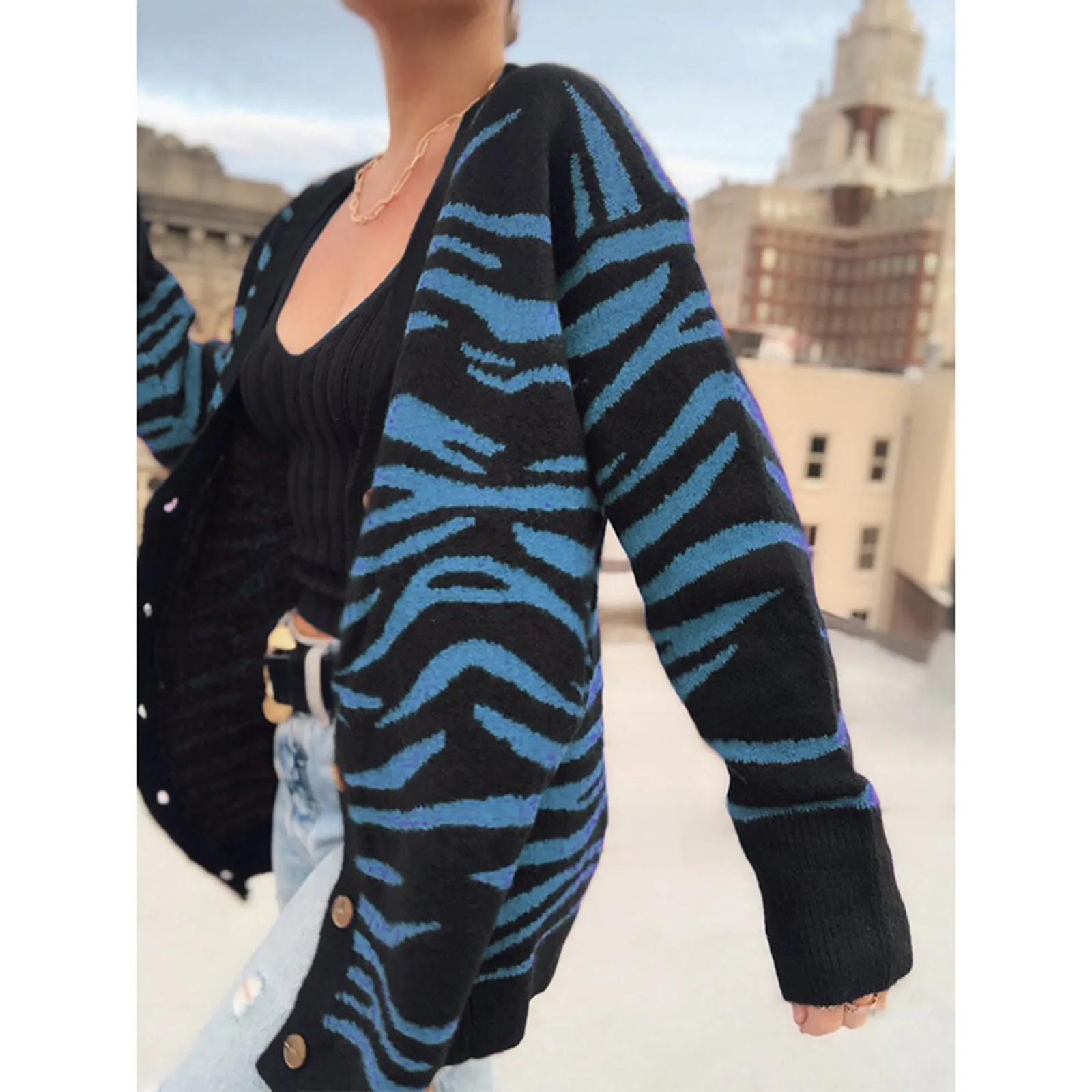 Женский Осенний вязаный кардиган свободные свитера с длинным рукавом и принтом