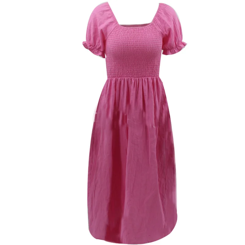 

Elegant Beach Split Dress for womens Retro solid Puff Sleeve Waist Mid-length Dress 2021 Summer V-Neck midi long boho dress