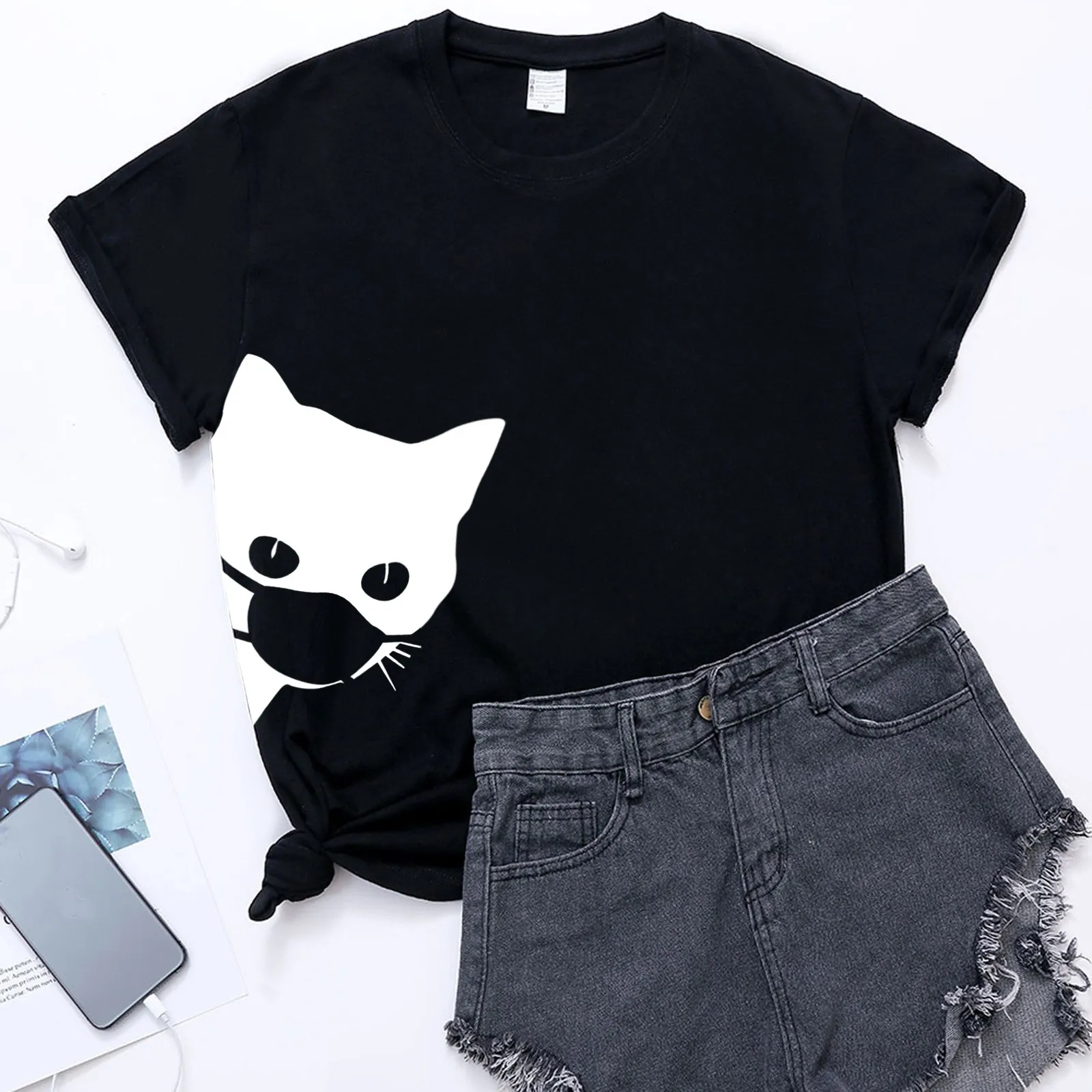 

2021 Woman Tshirts Tops Fashion New Casual Cute Cat Plus Size Short Sleeve Print Shirt O-Neck T-Shirt Summer q5