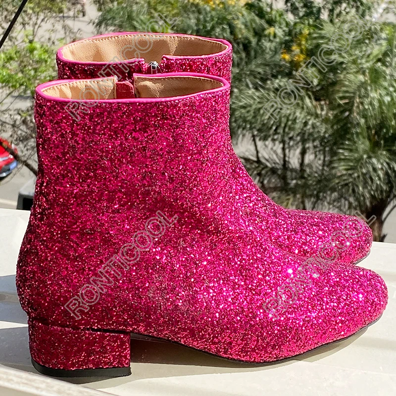 

Ronticool Handmade Women Winter Ankle Boots Glitter Block Heels Round Toe Gorgeous Fuchsia Party Shoes Women Plus US Size 5-15
