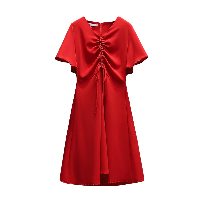 

EHQAXIN Summer Fashion New Women's Korean V-Neck Drawstring Dress Loose Short Sleeve Casual Pure Color Long Skirt L-4XL