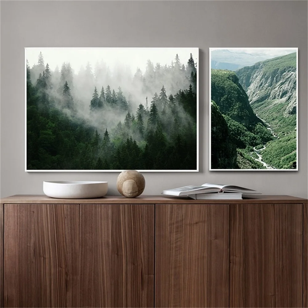 

Mountain Foggy Forest Picture Nature Scenery Scandinavian Poster Nordic Decoration Landscape Print Wall Art Canvas Painting