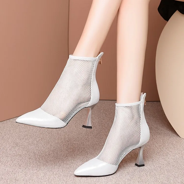 

MLJUESE 2020 women ankle boots sheepskin +net pointed toe zippers summer boots cut-outs high heels women boots party dress