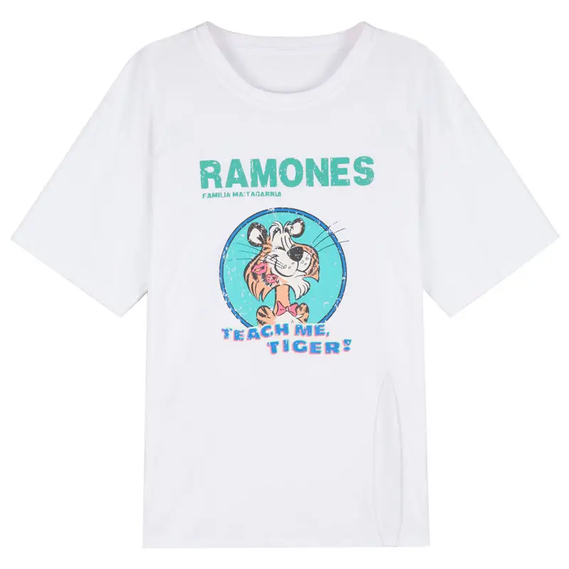 

Cotton Medium Length Cartoon Printed T-shirt Women's Summer 2021 Casual White Split Top