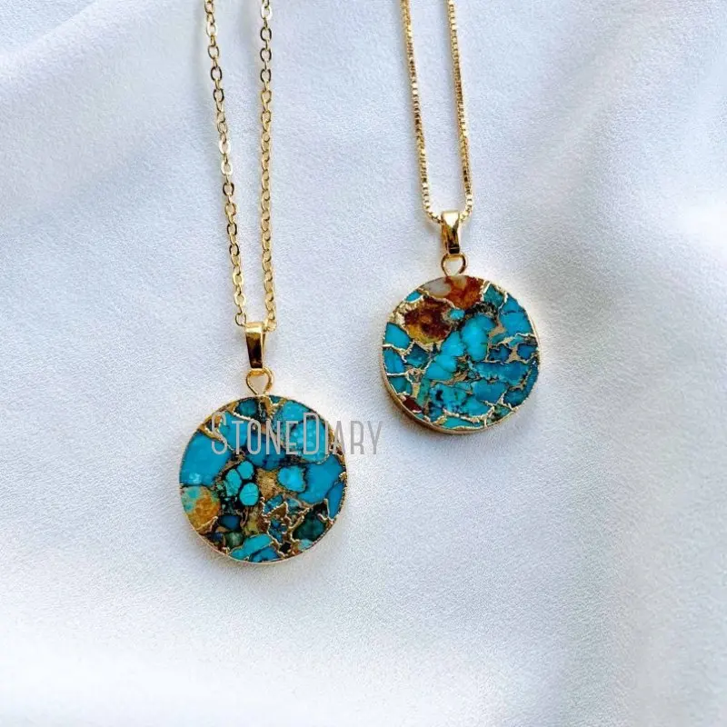 Золотое ожерелье NM36556 из необработанной бирюзы ожерелье-медальон круглой формы