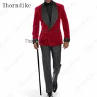 Мужской бархатный костюм в полоску Thorndike, красный повседневный костюм, двубортный смокинг для жениха, Свадебный Блейзер, брюки для мужчин