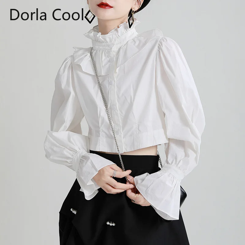 New Women Chic Short Blouse Stand Collar Ruffles Patchwork Retro Court Style Lantern Sleeves Shirt Personality Sweet Solid Tops