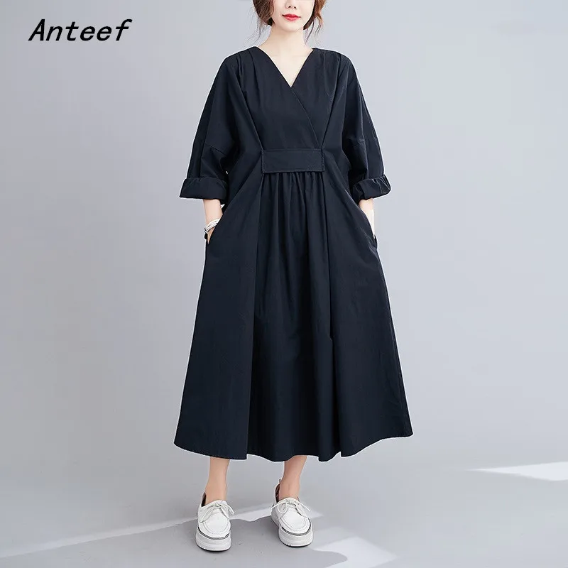 

long sleeve oversized black cotton vintage dresses for women casual loose woman spring autumn dress elegant clothes 2022