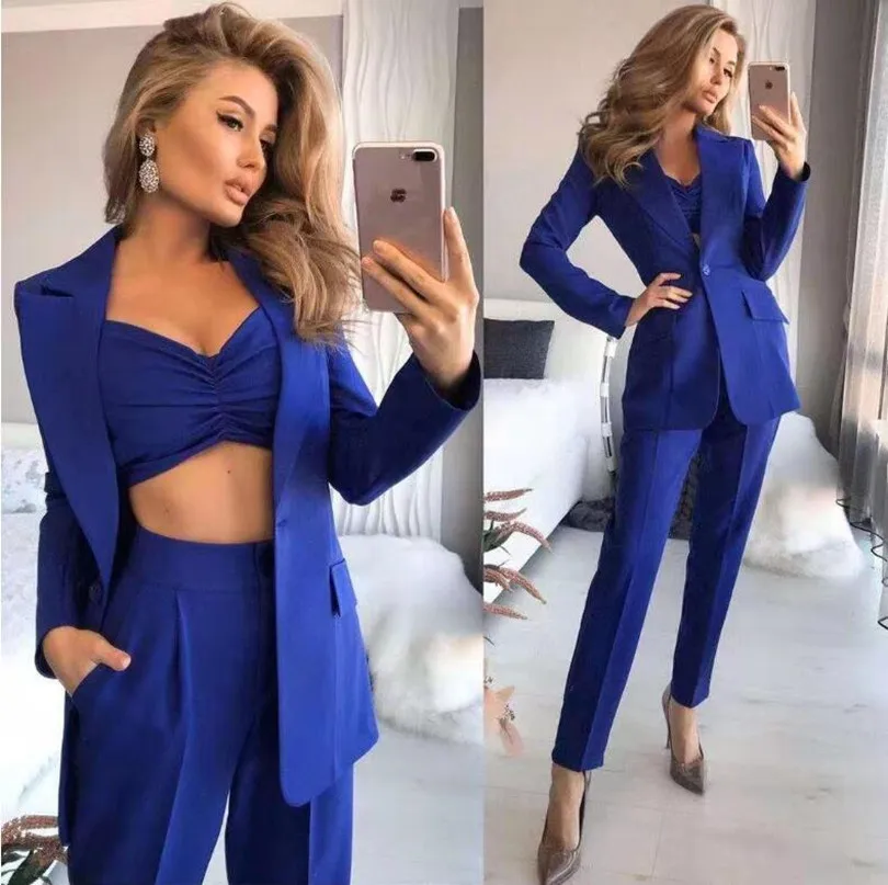 

Fashion Elegant Office Lady Suits 2021 Spring Summer Women 3 Piece Set Solid Long Sleeve Blazer + Bra +Pocket Long Pants Outfits