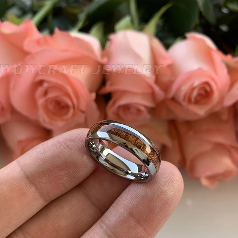 Женские кольца из карбида вольфрама с деревянной инкрустацией 6 мм блестящие и