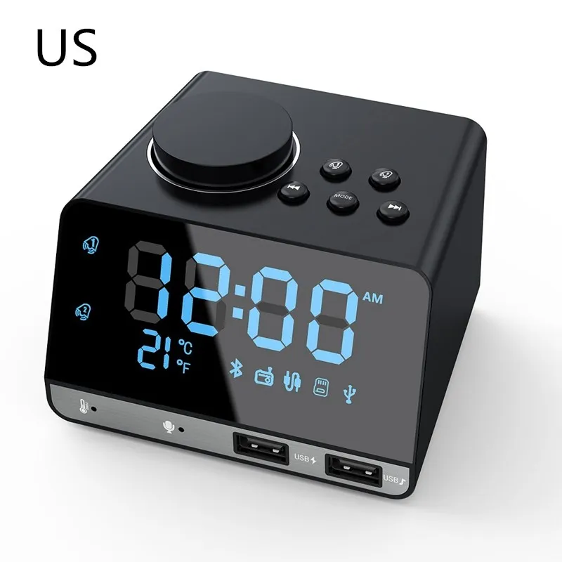 black(US) Радио Bluetooth динамик с часами двойной usb зарядный порт AUX Карта игровой термометр комплект радио домашний Decration Повтор Настольные часы - Цвет: black(US)