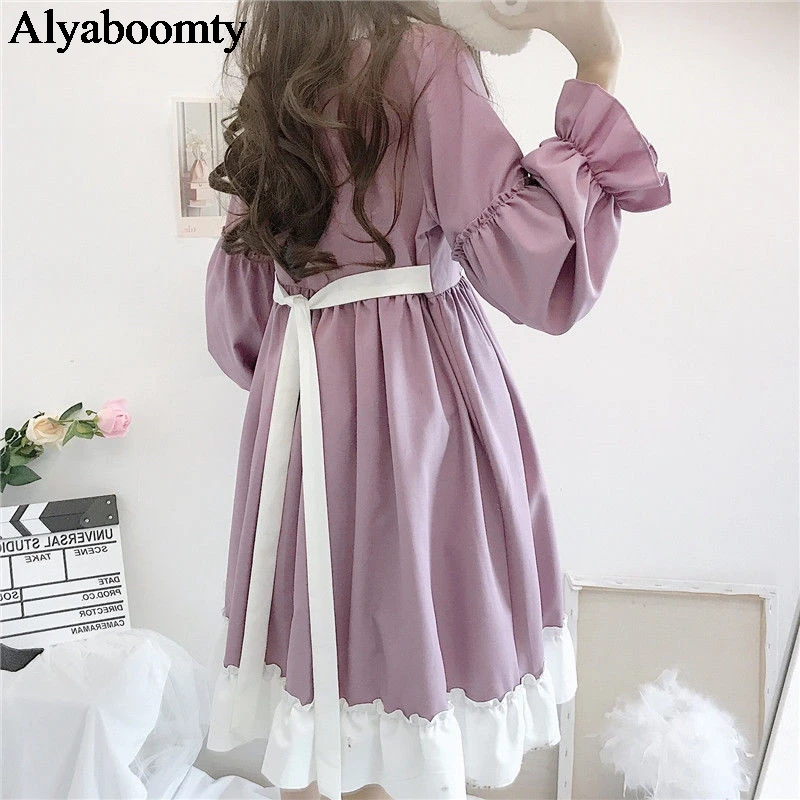 

New Japanese Lolita Style Women Cute Dress Peter Pan Collar Bow Elegant Princess Dress Kawaii Ruffles Spring Autumn Fairy Dress