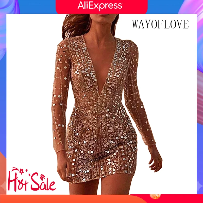 

WAYOFLOVE Spring Summer Beach Dresses Women Sexy Sequins Gauze Casual Vestidos Dresses Party Nightclub V-Neck Long Sleeve Dress