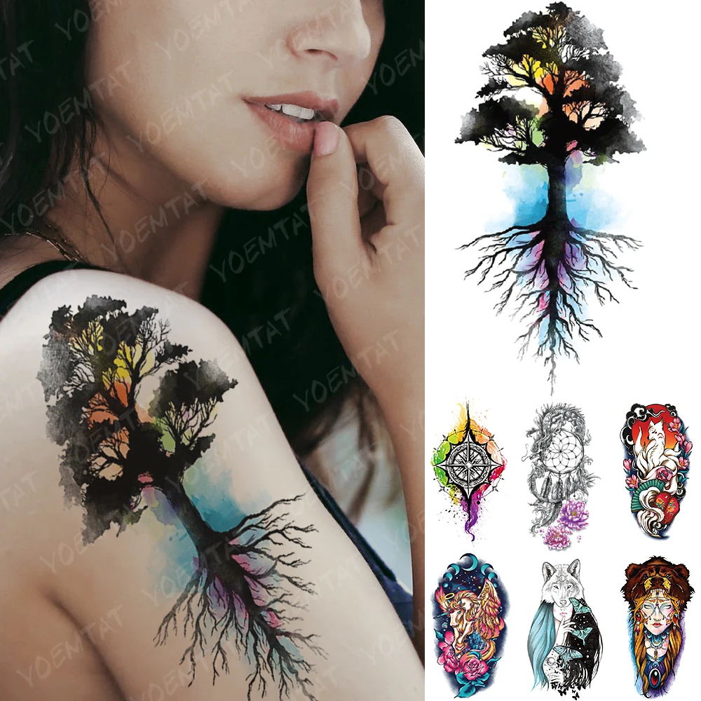 

Waterproof Temporary Tattoo Sticker Family Tree Compass Flash Tatto Dreamcatcher Unicorn Body Art Arm Fake Tatoo Women Men